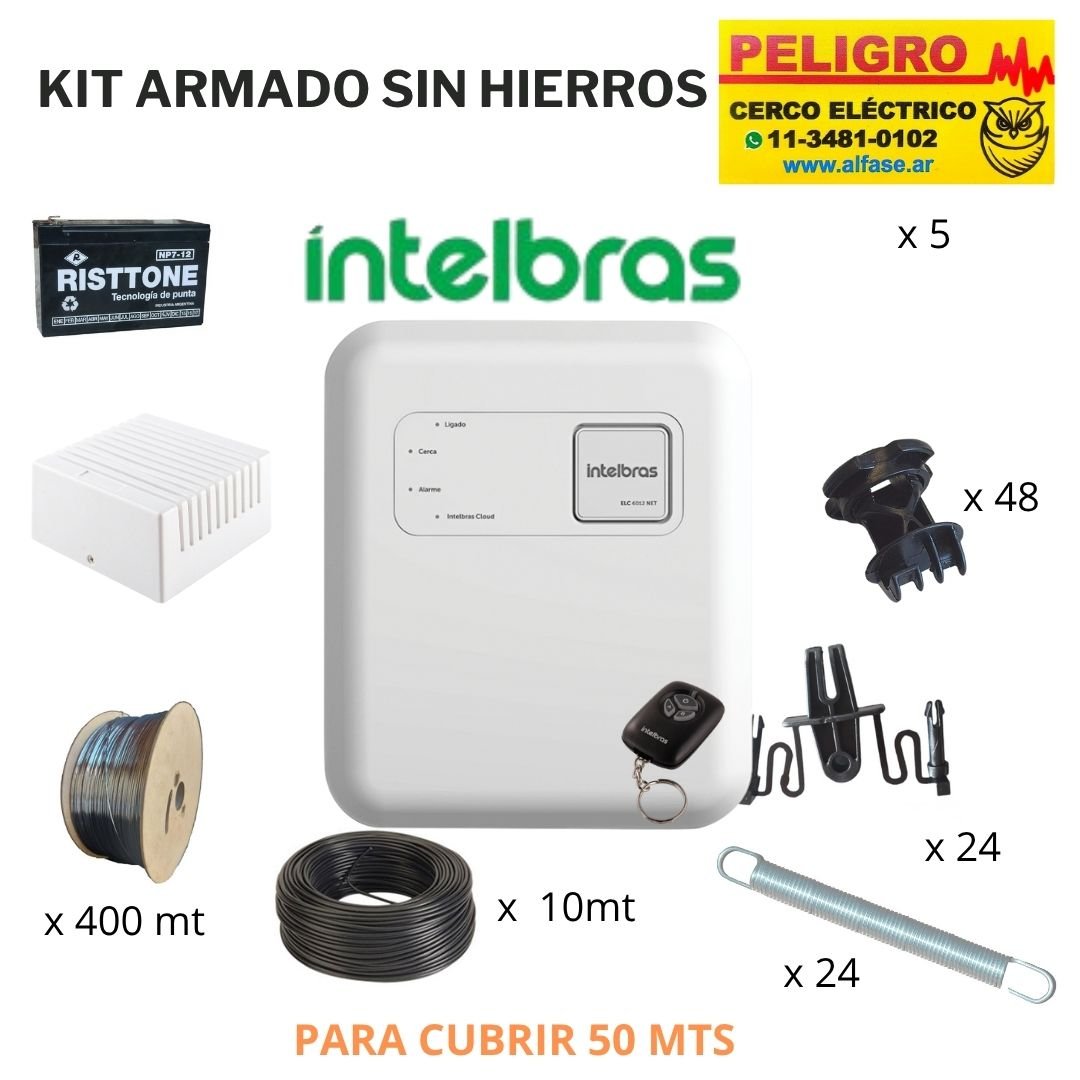 Kit Cerco Eléctrico 6 Hilos Hasta 50 Mts. forma Recta sin curvas ni desniveles listo para instalar sin postes